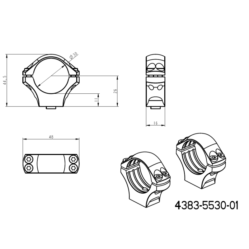 30mm prstenovi za optiku | jednodijelna picatinny baza s polugama 